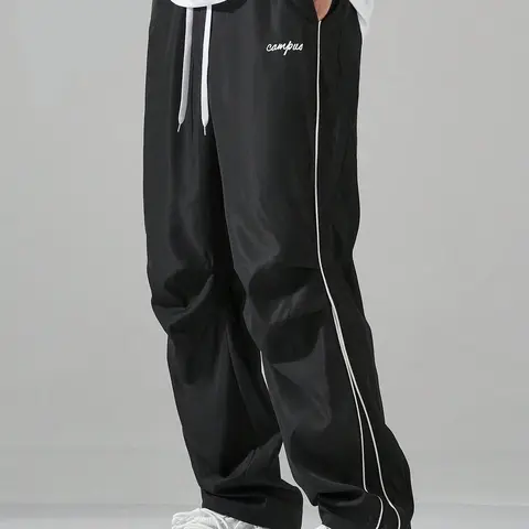Men’s Loose Sports Pants - Roomy Straight-Leg Polyester Long Trousers, Casual Athletic Style, Spring/Autumn Menswear, Multiple Pockets, Versatile Daily Wear