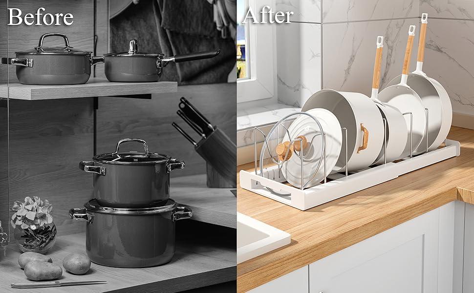 Pots and Pans Organizer Under Cabinet - Pot Lid Holder, Expandable Pan Organizer for Cabinet, Pot Rack with 10 Adjustable Compartments for Kitchen Cabinet, Frying Rack, Lid, Cookware,1 Pcs