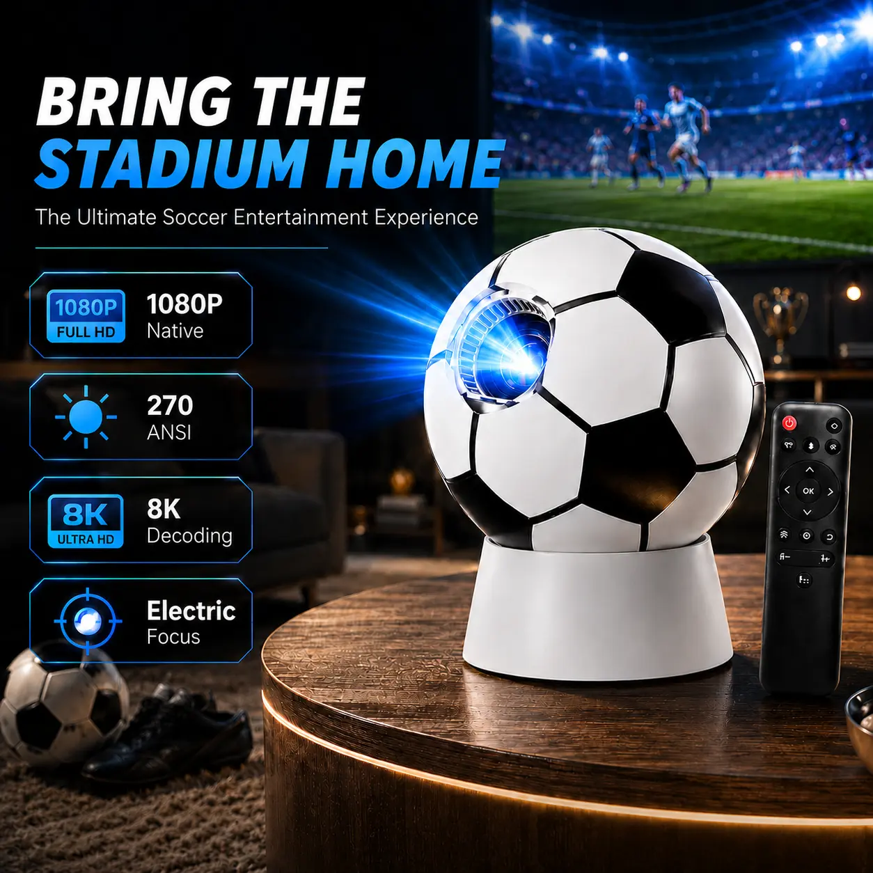 Football-shaped projector-Shaped Projector, Native 1080P Android 13 Smart Projector, 4K Support, 360° Rotation, Auto Keystone & Focus, WiFi 6, BT5.4, Portable Mini Projector for Home Theater, Outdoor Movies & Gaming