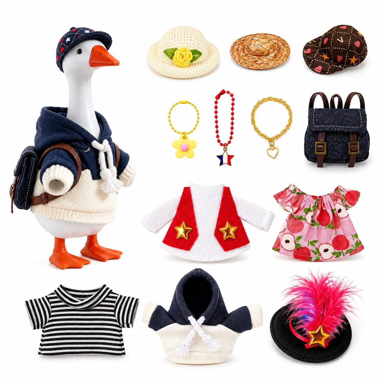 Desk Goose Statue with 12 Pcs Outfits Set | Magnetic Desk Goose Dress Up Accessories (Clear SKU Options for Goose Only / Outfits Only / Full Set
