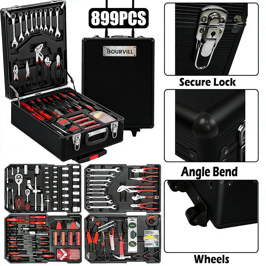 Bourvill 899-Piece Tool Set - High-Capacity Portable Metal Tool Case,Wheeled Mobile Tool Cabinet, and 4-Tier Aluminum Alloy Storage Unit- A Complete Kit for Mechanical Repair & Home Maintenance - ThePerfect Father's Day Gift #fathersdaygift Bourvill 899-Piece Tool Set - High-Capacity Portable Metal Tool Case,Wheeled Mobile Tool Cabinet, and 4-Tier Aluminum Alloy Storage Unit- A Complete Kit for Mechanical Repair & Home Maintenance - ThePerfect Father's Day Gift #fathersdaygift