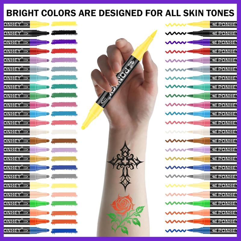 Ponhey Temporary Tattoo Markers for Skin, 24 Body Markers+67 Large Tattoo Stencils,Dual-End Tattoo Pens,Fine Lines with Cosmetic-Grade,Flexible, Skin-Safe Face Paint Kit for Teenage Adults