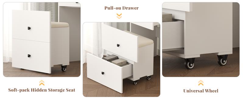 【Valentine’s Day Gift】3 in 1 Small Vanity Desk with Mirror and Light, Makeup Vanity Table with Drawers for Small Space, Compact Mini Corner Vanity Set Dressing Table