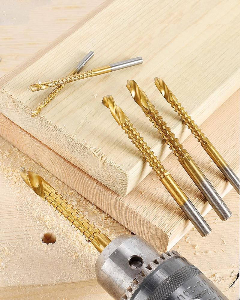 6 Pack Titanium Coated HSS Twist Drill Bits, 3-8mm Serrated Side Cutting Drill Bit Woodworking Tools for Plastic Metal Wood Hole