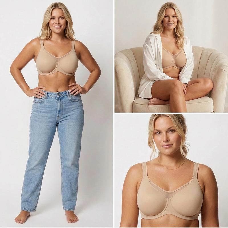 HSIA Cardi Comfort Bra Plus Size Underwire Non-padded Smoothing Wide Strap Full Coverage The Security-Blanket Bra for Big Busted Women Unlined Minimizer T-shirt Bra
