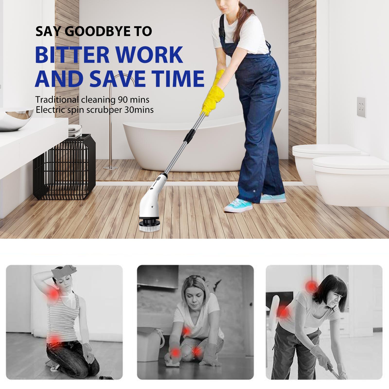 Electric Spin Scrubber Cordless Shower Scrubber lPX7 Waterproof Multi-Surface Cleaning Brush with 8 Brush Heads Long Battery Life Adjustable Speed Extendable Handle for Bathroom Kitchen Durable Cleaning Helper Utensils SummerVibes