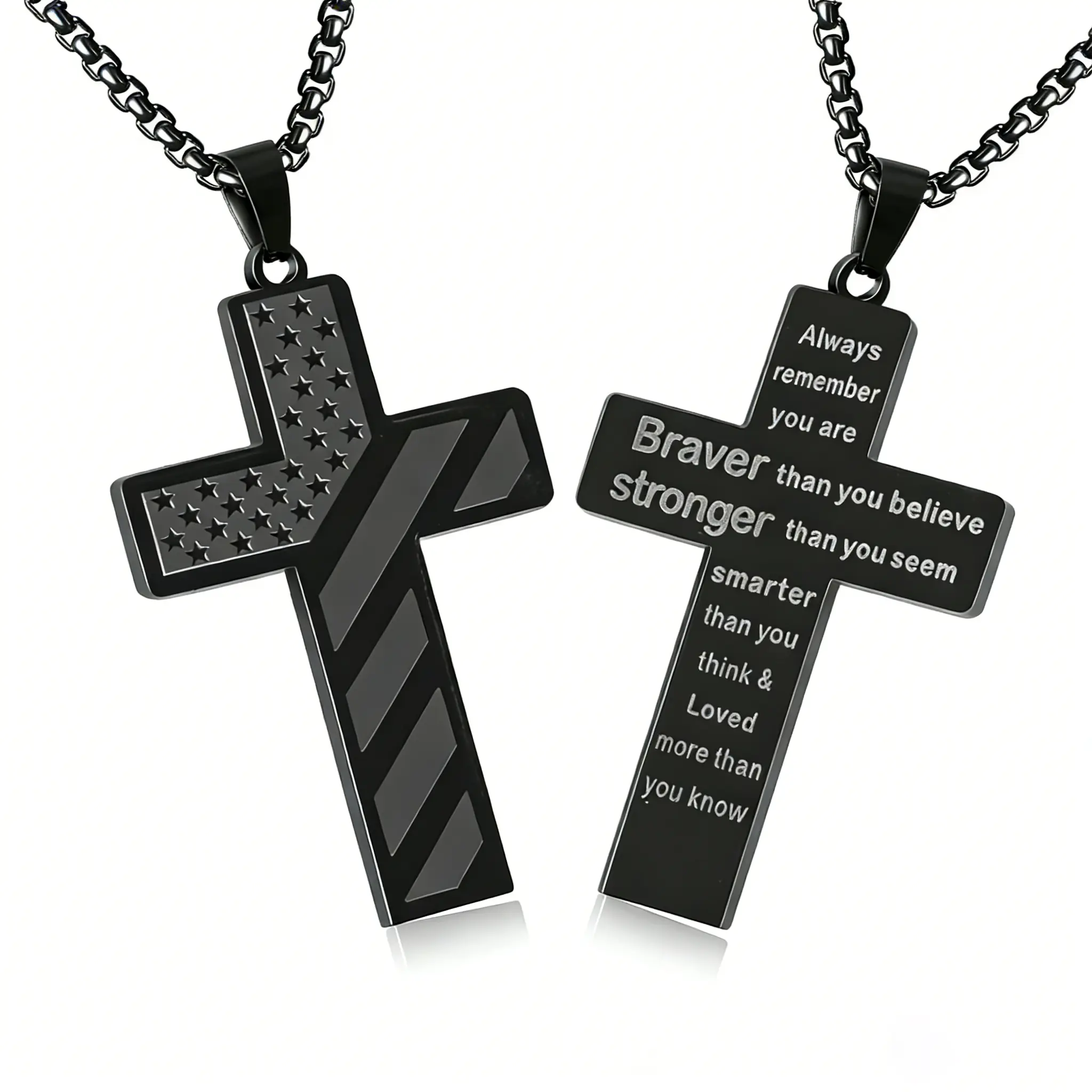 Black Crossflag Necklace,with Bible Verse & AmericanFlag,Inspirational Gift for Men Teens Boys Confirmation Birthday Cool Boyfriend Chain,Daily Accessories