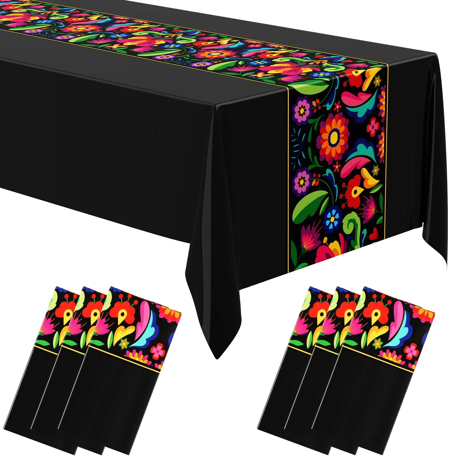 Mexican Fiesta Tablecloth Floral 54x108 Inch, Waterproof Plastic Table Cover, Dia de los Muertos Day of the Dead Decorations, Cinco de Mayo Taco Tuesday Birthday Party Supplies