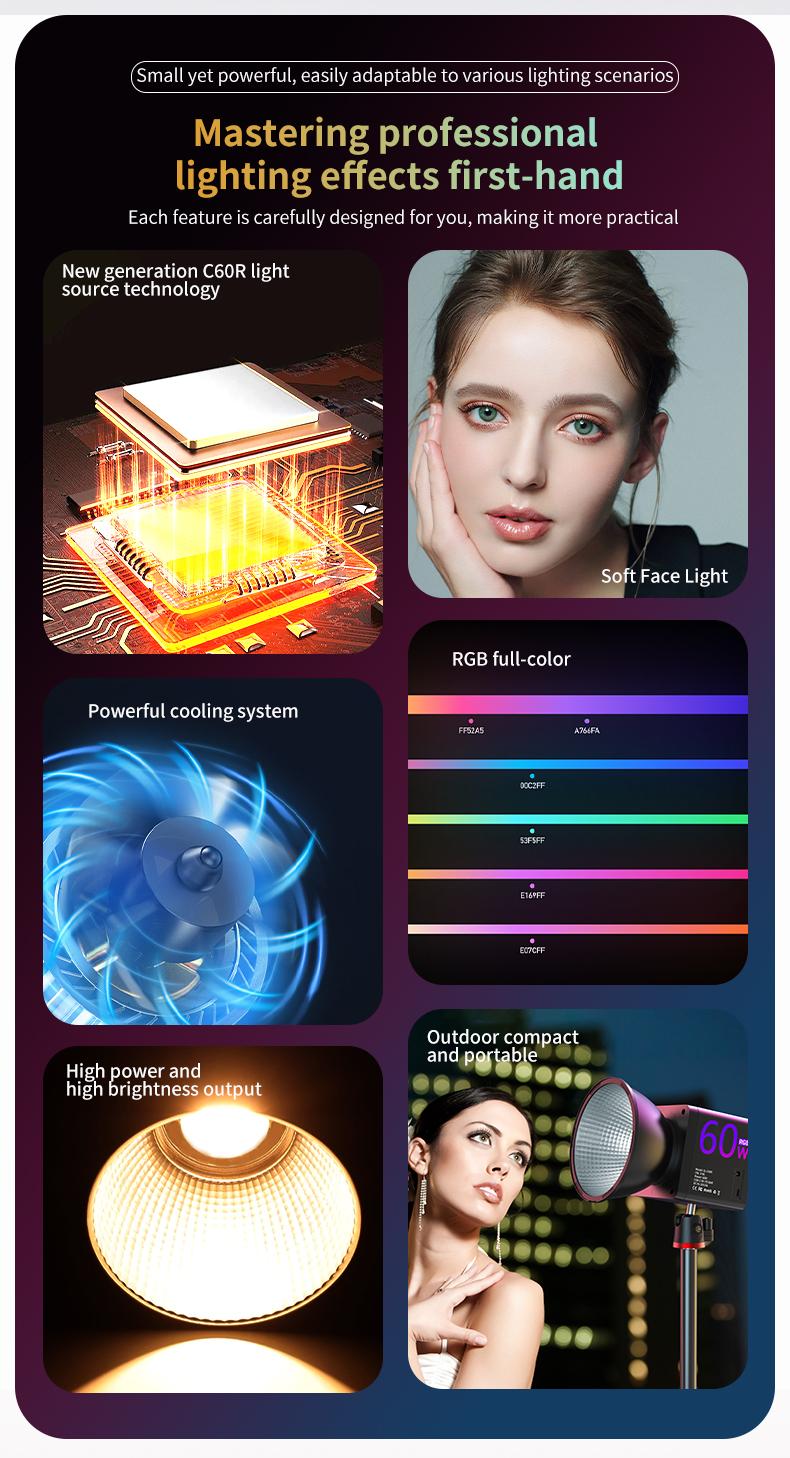 Handheld RGB-COB Video Light - Can be used with a stand - Portable - Ring Photography Light - Professional Studio Lighting and Digital Camera Accessories - Suitable for Vlog cameras, live streaming and photography.