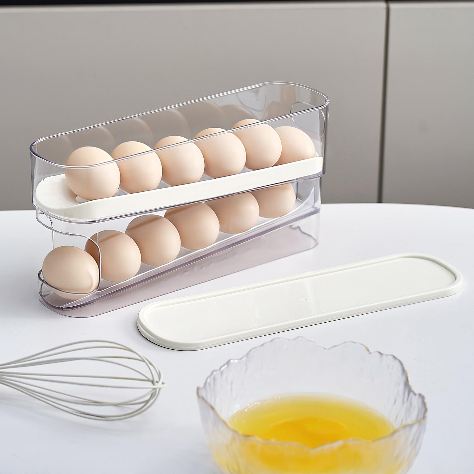 Automatic Egg Dispenser for Refrigerator, Auto-Rolling Egg Organizer with Lid & Handle, Slim Kitchen Storage Container for Fridge, Space-Saving Egg Holder for Countertop