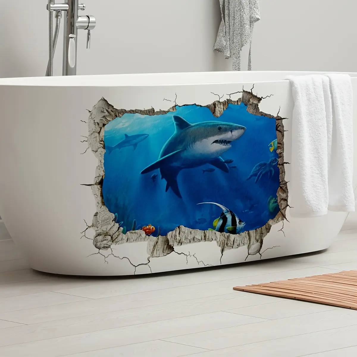 A new 2D holey deep-sea shark bathtub sticker for bathroom decoration background, size 30*45cm (B18508)