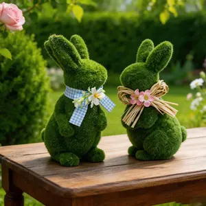 2PCS Easter Moss Bunny Decor, Flocked Grass Rabbit Figurines for Spring Garden Yard Table Easter Decoration