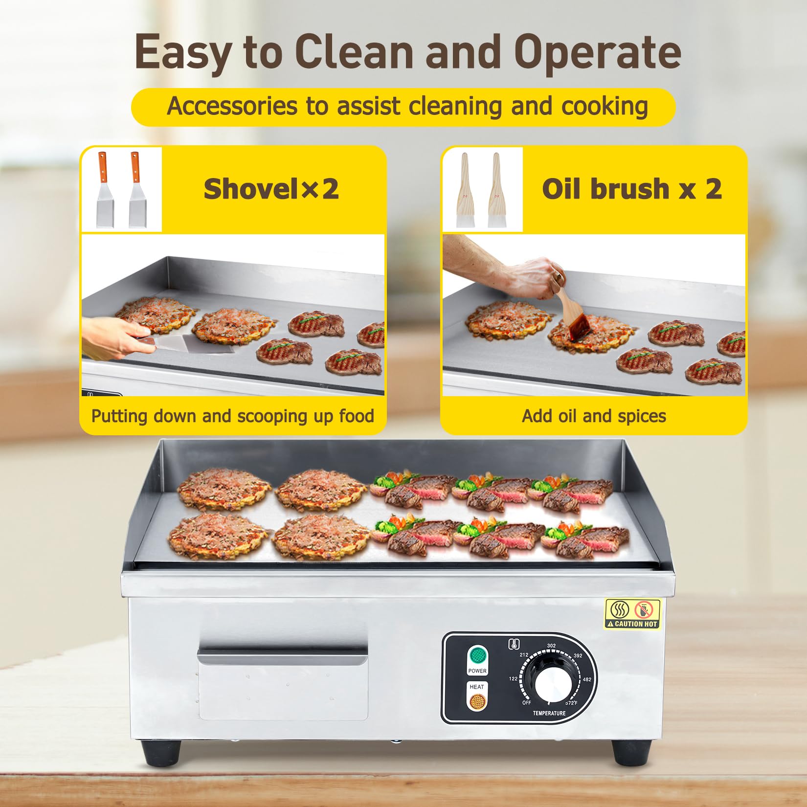 【GARVEE】Commercial Electric Grills in 14, 18, 22, and 30-inch Sizes with 1500W to 3000W Power, Non-Stick Stainless Steel Surface, and Adjustable Temperature Control from 122°F to 572°F for Home and Restaurant Use