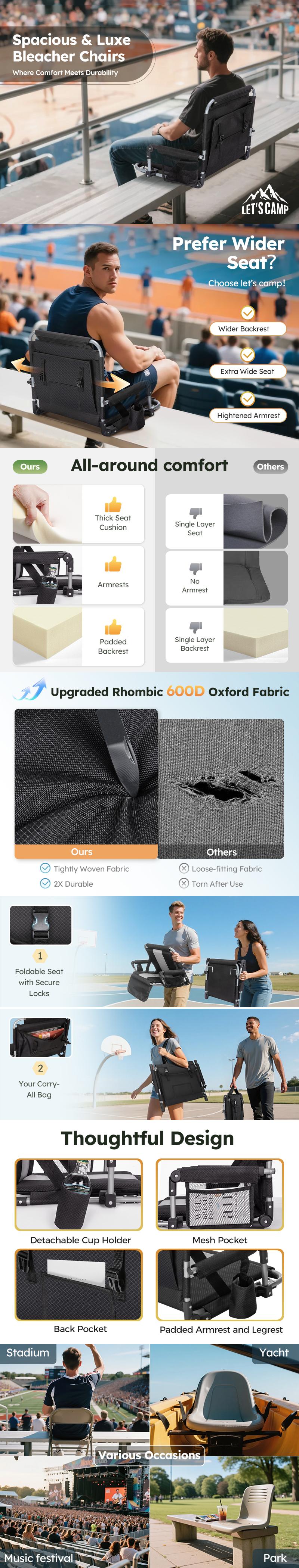 【Sophia & William】Stadium Seat for Bleachers with Back & Armrest, Extra Wide Cushioned Chair with Cup Holders, Mesh Pockets, Hidden Hooks, Lightweight Foldable Design