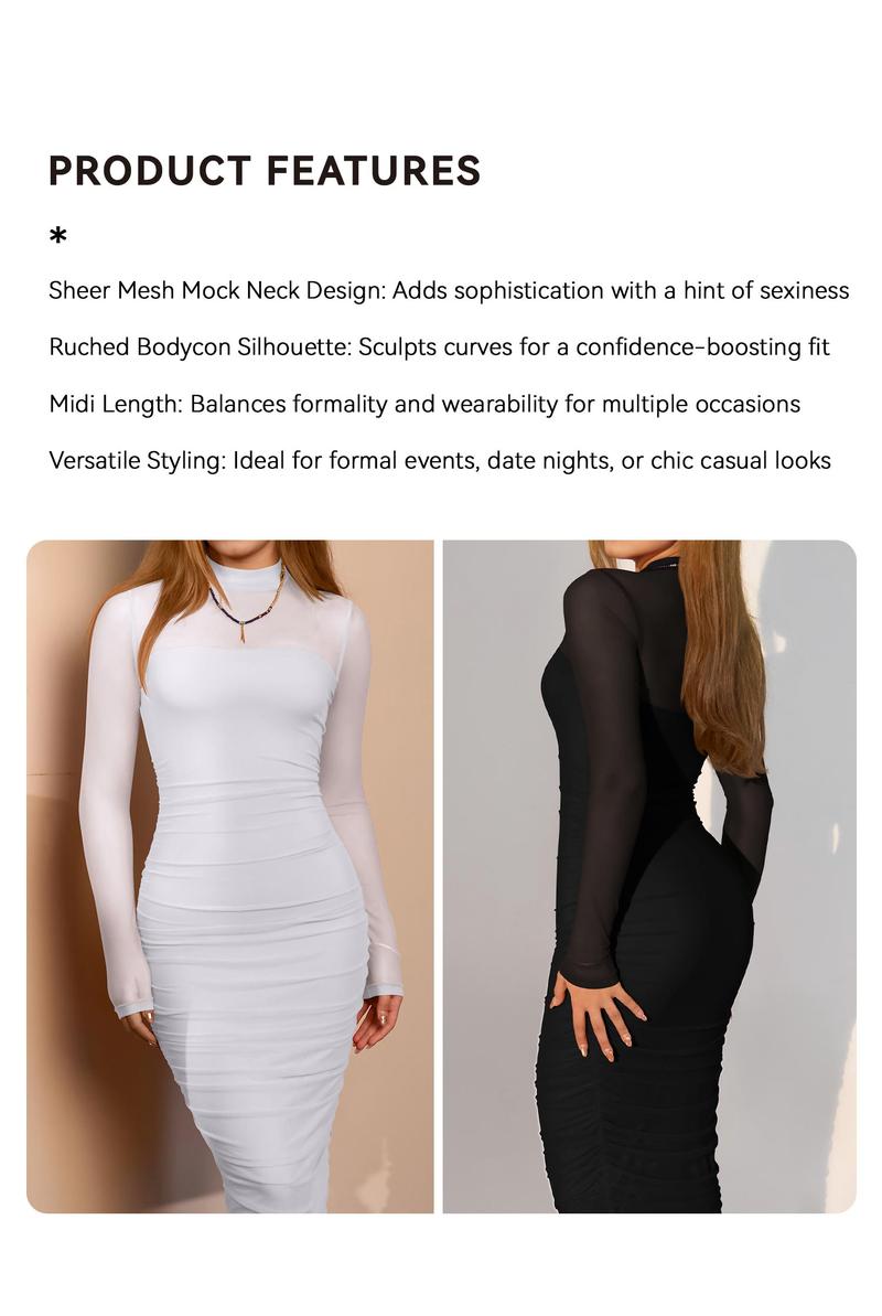 OQQfitness Womenswear Bodycon Mesh Sheer Long Sleeve Dress Short Soft Pleated Party Basic Casual Dress Elegant Minimalist Outfit