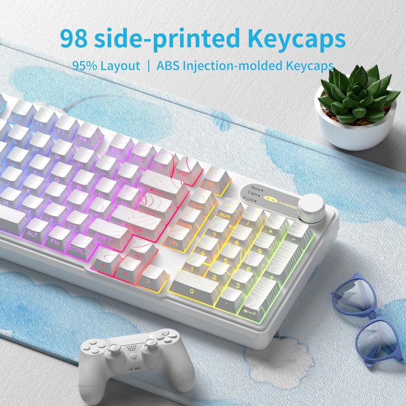 MageGee GK960 Wireless Gaming Keyboard RGB Tri-Mode Wired BT 2.4G Creamy with Number Pad 4000mAh Battery Knob Control Side Printed Keycaps 19-Key Anti-Ghosting for Win Mac White Pink White