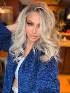 MACA BAKA Emma Ash Gray Silver Blonde Ombre Highlight Lace Front Wig with Scandinavian Hairline Low Density 14 Inches Short Wavy HD Synthetic Lace Front Wigs for Women Pre Plucked Mother's Day Gift