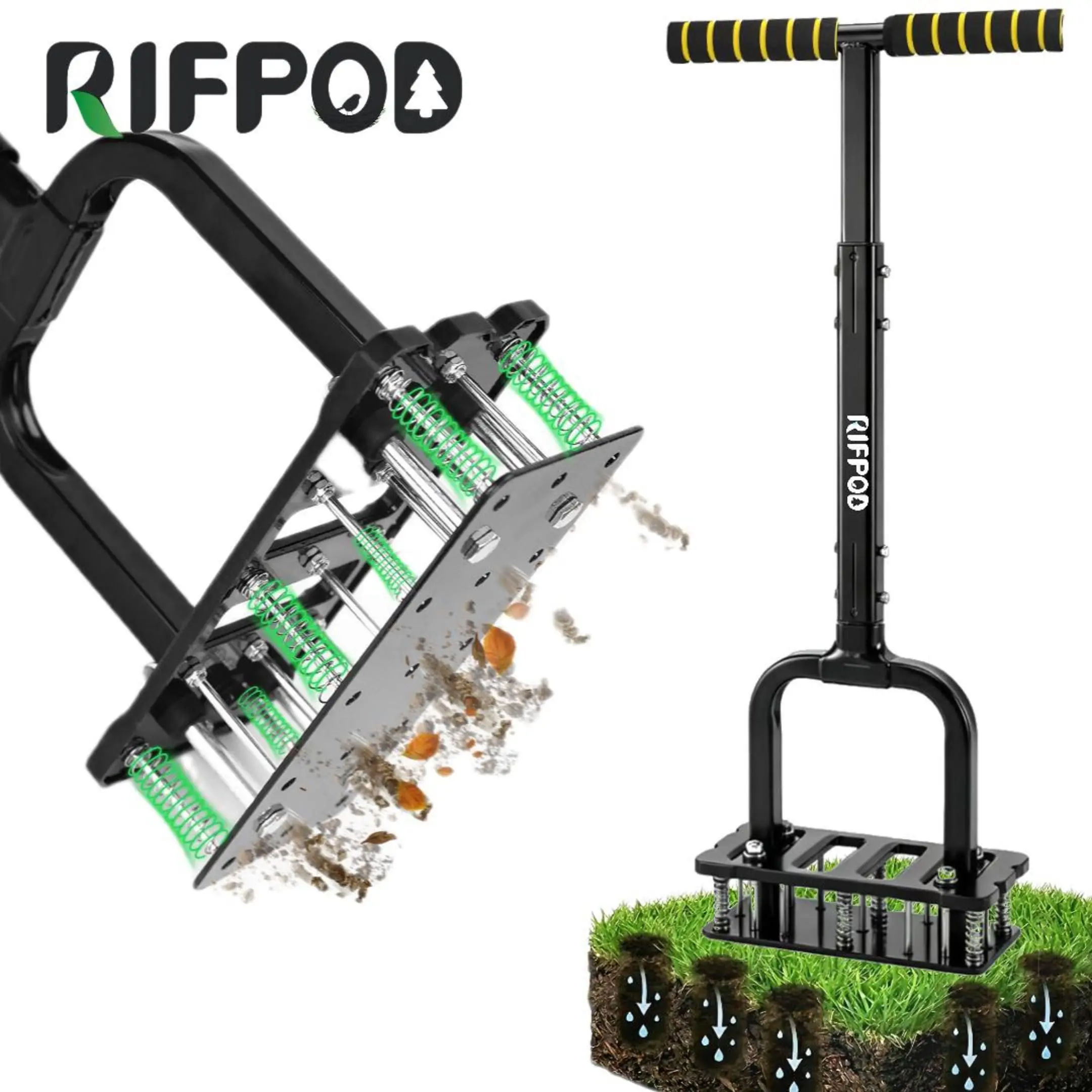 RIFPOD Lawn Aerator -Aerator Lawn Tool, Automatic Dirtand Leaf Clean Design, Heavy Duty Manual Lawn AeratorTool with 15 lron Spikes, Height Adjustable, Yard GrassAerator for Lawn (Black)