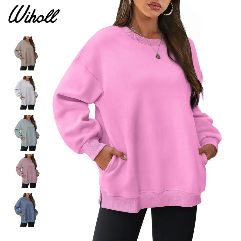 WIHOLL Women's Basic Casual Oversized Round Neck Fleece Sweatshirt - Soft Polyester Pullover Top with Side Secret Pockets and Split Hem, Layering Outfits