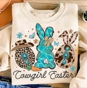 Retro Cowgirl Western Easter Bunny Sweatshirt, Playful Coquette Country Spring Pullover, Vintage Cowhide Pattern Easter Egg Outfit, Trendy Desert Aesthetic Holiday Design, Premium Oversized Southern Charm Gift
