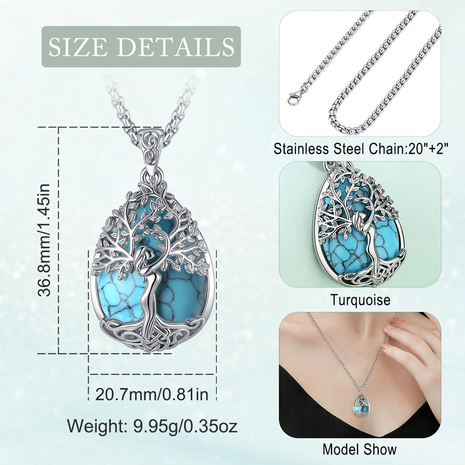 Eudora Tree of Life Tear Drop Necklace Healing Crystal Heart Pendant Goddess Amulet Jewelry with Amethyst Turquoise, Spiritual Protection Gift for Her