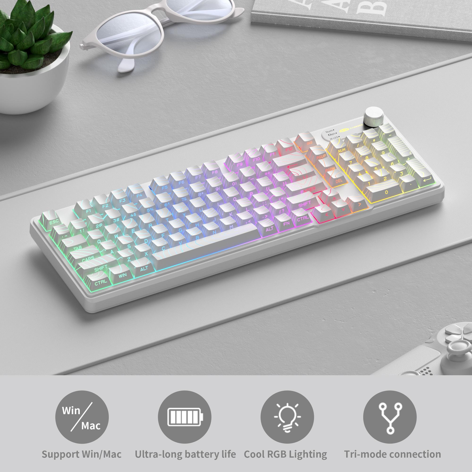 MageGee GK960 Wireless Gaming Keyboard RGB Tri-Mode Wired BT 2.4G Creamy with Number Pad 4000mAh Battery Knob Control Side Printed Keycaps 19-Key Anti-Ghosting for Win Mac White Pink White