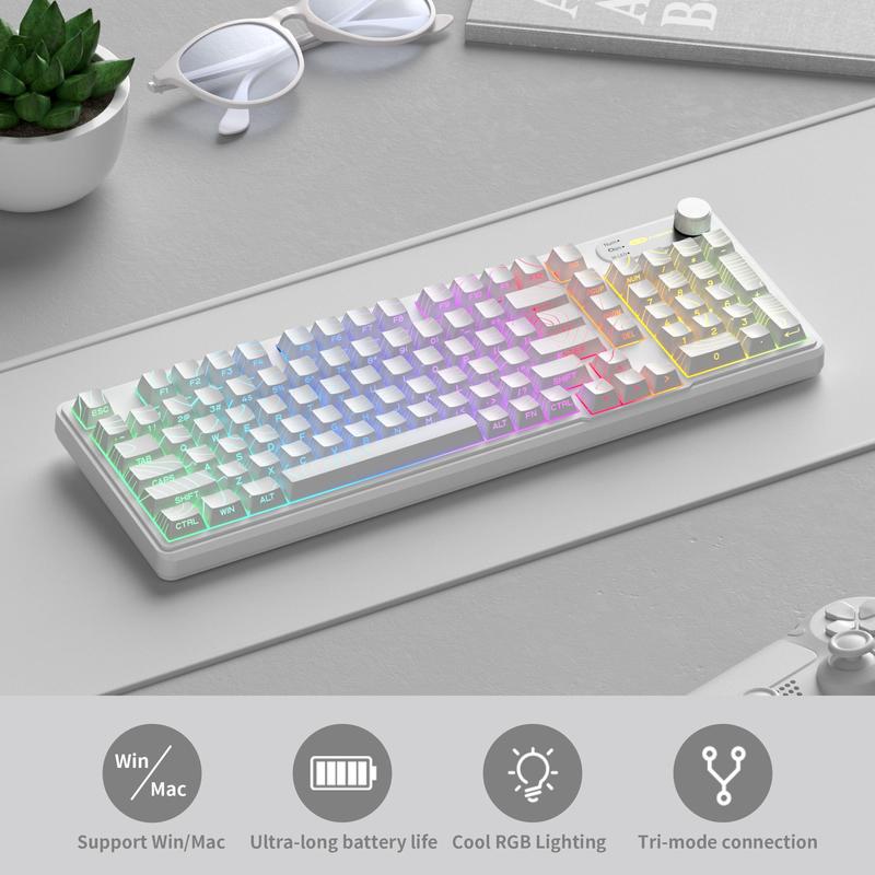MageGee GK960 Wireless Gaming Keyboard RGB Tri-Mode Wired BT 2.4G Creamy with Number Pad 4000mAh Battery Knob Control Side Printed Keycaps 19-Key Anti-Ghosting for Win Mac White Pink White