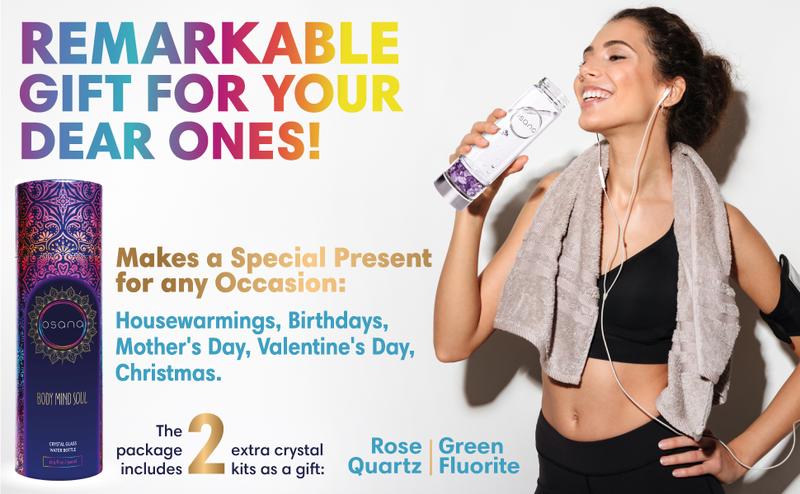 OSANA Crystal Water Bottle with 3 Changeable Healing Crystals – Amethyst, Rose Quartz, Green Fluorite – Loose Leaf Tea Bottle – Gem Elixir Infused Glass Water Bottle - 16.9 oz