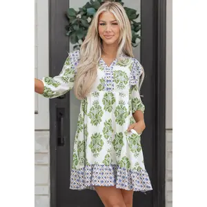 Green Floral Print Contrast Patchwork Ruffle Detail Mini Dress