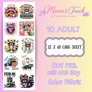 Raccon - DTF Transfers - 22X60 Gang Sheet - NOT a shirt OR a digital product!