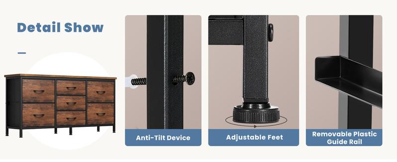 Dresser with 7 Fabric Drawers, 47 Inch Dresser TV Stand for 43, 50, 55 Inch TV, Metal Frame, for Bedroom, Clothing