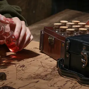 Medieval Faux Leather Alchemy Storage Box Pack with 12 Cork Potion Vials, Adjustable Buckle Brown Crossbody Pouch, DnD Dice & Jewelry Holder, Collapsible Durable Home Organizer