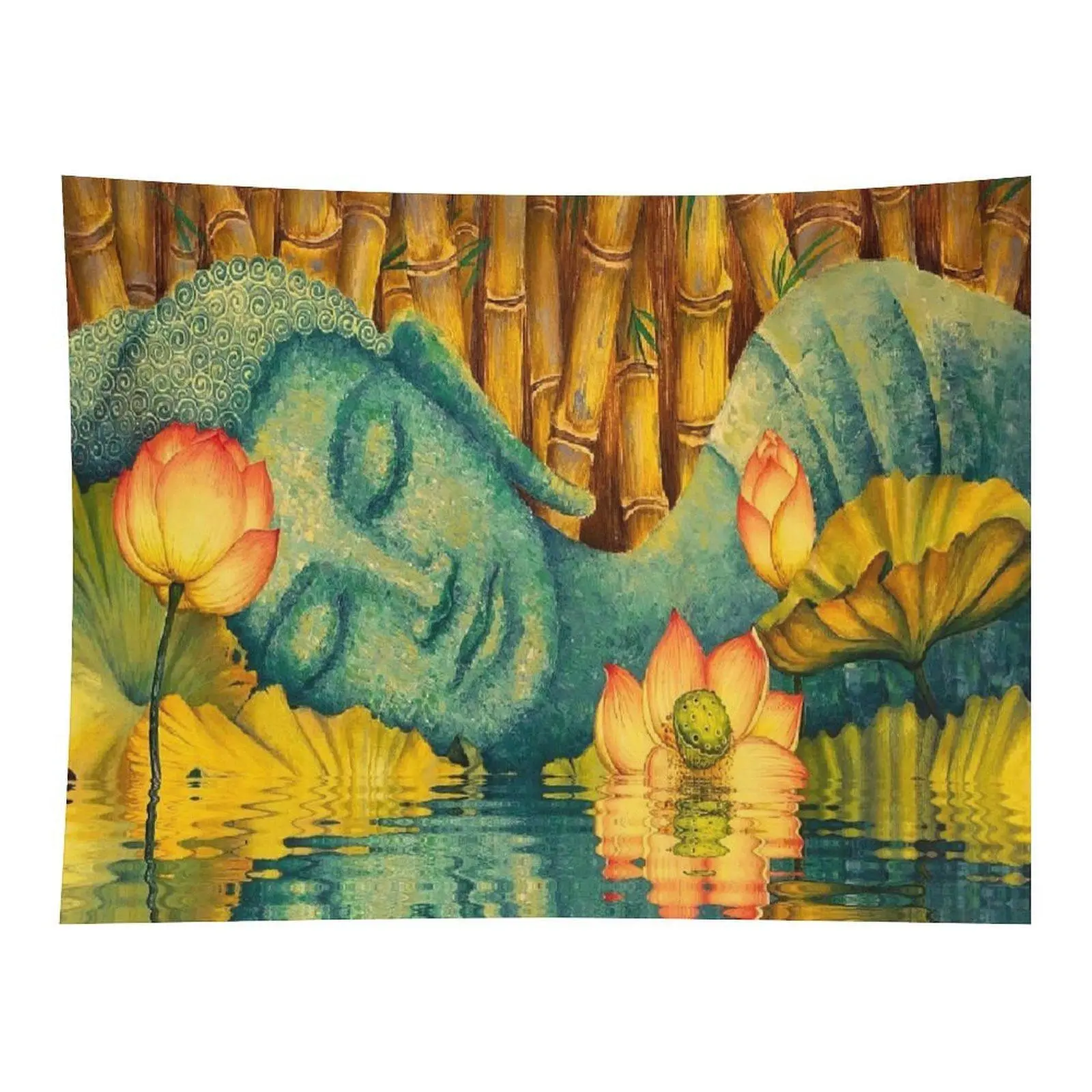 Reclining Buddha Lotus Bamboo Pond Zen Wall Tapestry Wall Hanging - Peaceful Green Water Lily Spiritual Meditation Decor for Yoga Room, Dorm Backdrop | Unique Aesthetic House Decor, Room Decor