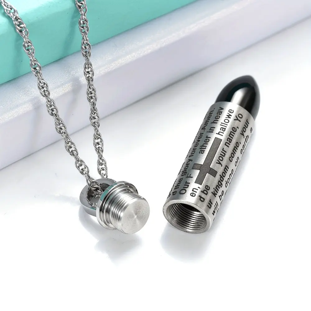 316L 316L 316L 316L 316L Stainless Steel Cross Prayer Print Bullet Funeral Urn Pendant Necklace Ashes Perfume Sand Hair Memorial Jewelry