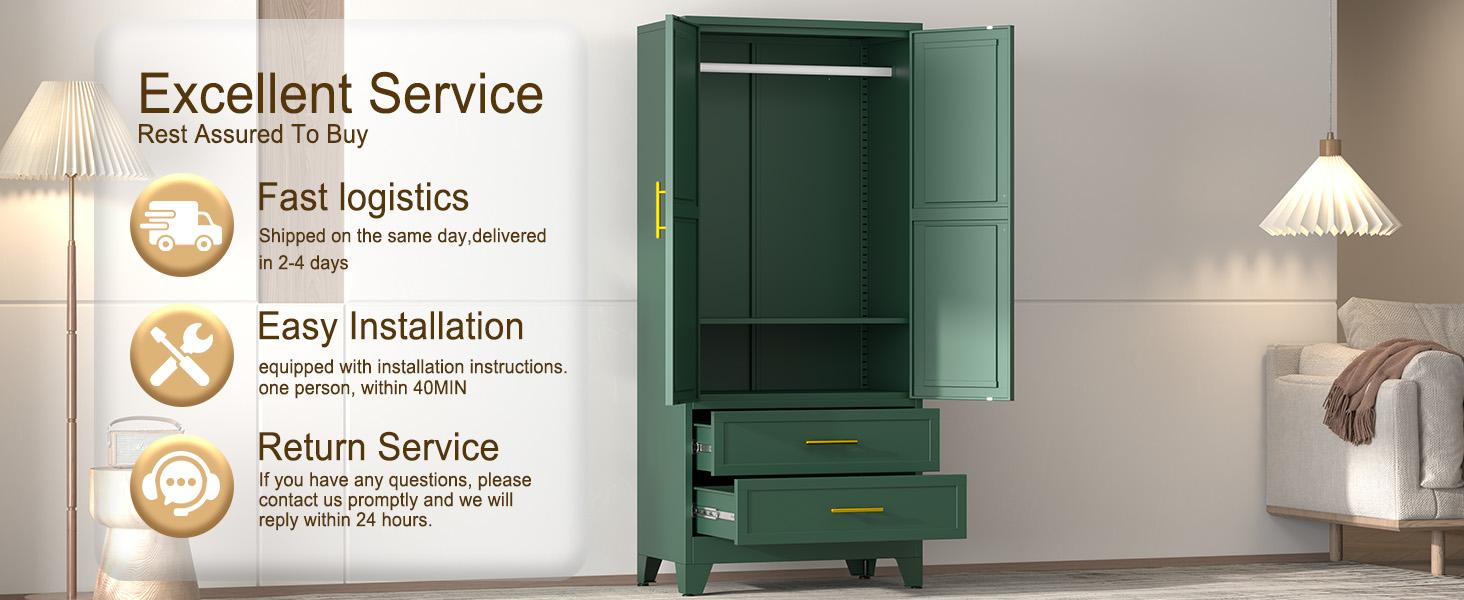 Metal Wardrobe Closet 71" with 2 Doors & 2 Drawers, Armoire Wardrobe Closet with Hanging Rods and Adjustable Shelf, Steel Wardrobe Storage Cabinet for Bedroom, Large mothersdaygift