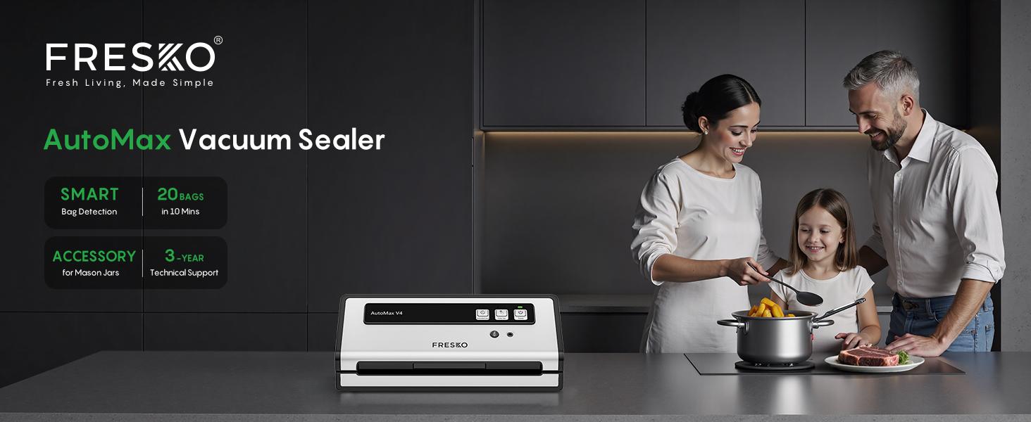 FRESKO AutoMax V4 Mason Jar Vacuum Sealer Machine, Automatic Food Sealer with Double Heat Seal, Includes Bags & Accessory Set