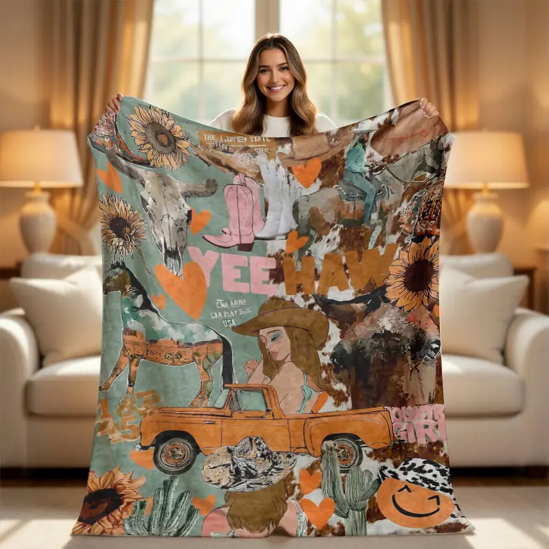 Trendy Coastal Cowgirl Throw Blanket - Retro Western Collage Soft Fleece Blanket with Yeehaw & Country Girl Design, Aesthetic Pink Cowboy Boots & Sunflower Decor, Cozy Gift for Southern Girls, Cowboys Blanket, Classic Western Blankets