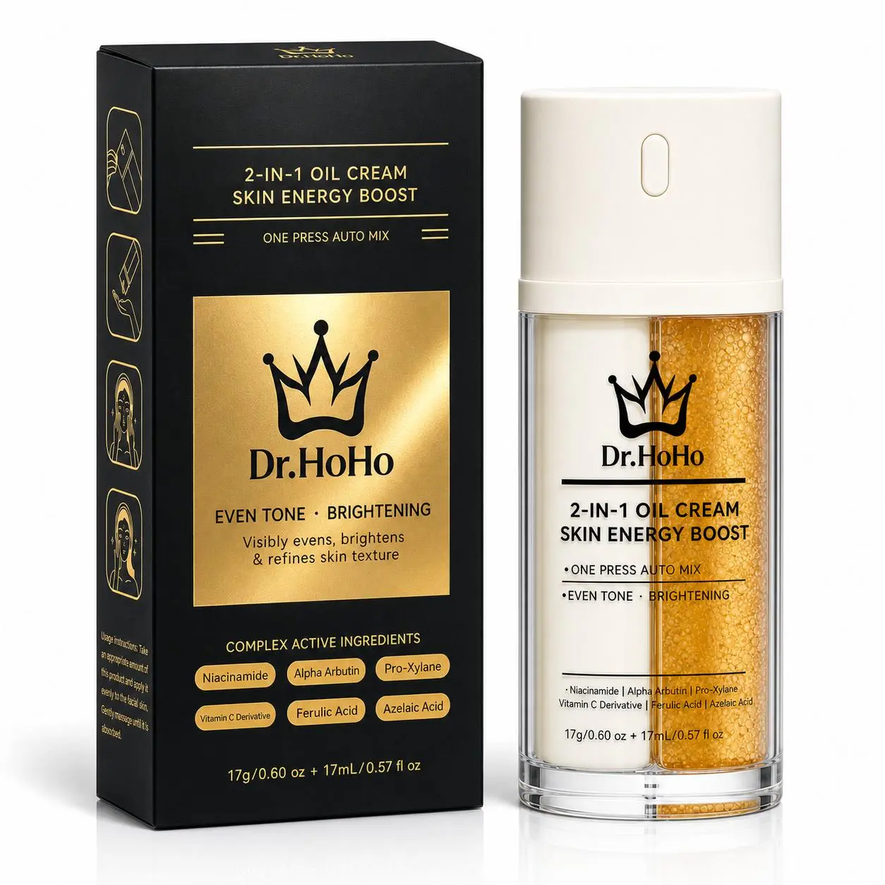 1pc Dr.HoHo Vitamin-Rich Niacinamide & Vitamin C Brightening Serum - 2-in-1 Oil Cream Mix with Alpha Arbutin & Azelaic Acid - Dark Spot Remover, Brightens Skin, Even Tone Glow