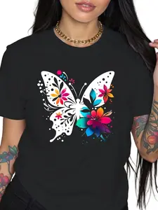 Women's Stylish Butterfly Pattern T-Shirt - Vibrant Flower Design, 100% Cotton Breathable Short-Sleeve for All Seasons, Dark Color Casual Comfortable, Machine Washable, Suitable for Daily & Outdoor Wear Fit Round Neck
