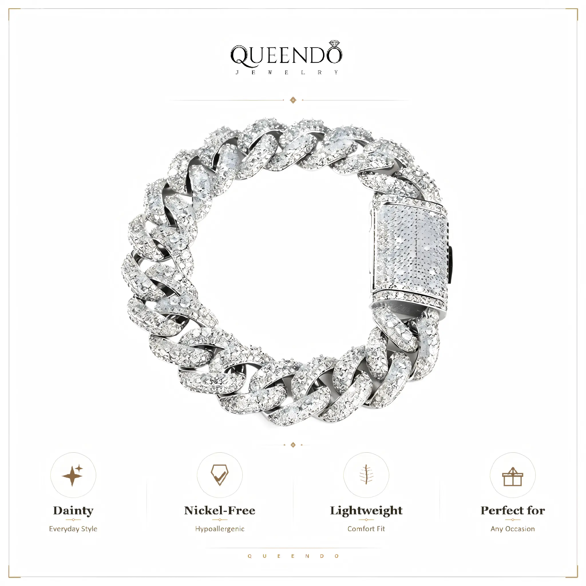 QUEENDO Iced Out Full-Paved Stone Miami Cuban Link Chain Bracelet, Heavy-Duty Hip Hop Copper Curb Chain Wrist Jewelry, Secure Stone-Covered Box Clasp, 2-Tone Gold & Silver Adjustable Size Daily Party Gift