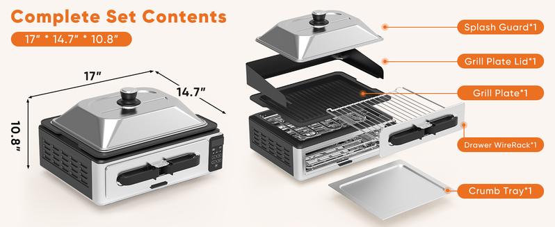 Sweetcrispy Electric Grill Indoor for Steak & Veggies Smokeless Griddle with Lid Temp Control Grill Plate Splash Guard Crumb Tray 2-in-1 Multifunctional Cooking Modes Pizza Toast Grill Warm
