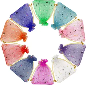 SUMAJU 100 Pieces Moon Star Organza Jewelry Candy Bags, 2.7X3.5 Inch Random Color Organza Favor Bags Gift Pouch with Drawstring for Valentine'S Day Wedding Party