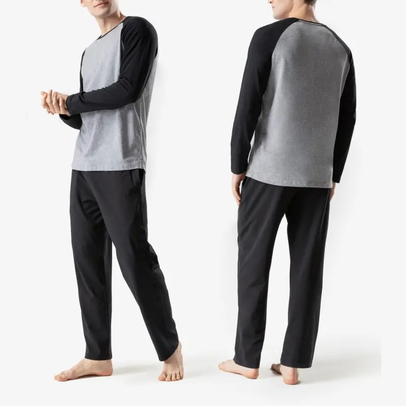DAVID ARCHY Menswear 2-Piece Cotton Long Sleeves Pajama Set - Silky Spandex Pullover Crewneck Top, Relaxed Fit Pocket Pants, Cotton Fabric Nightwear Loungewear for Father's Day Gift