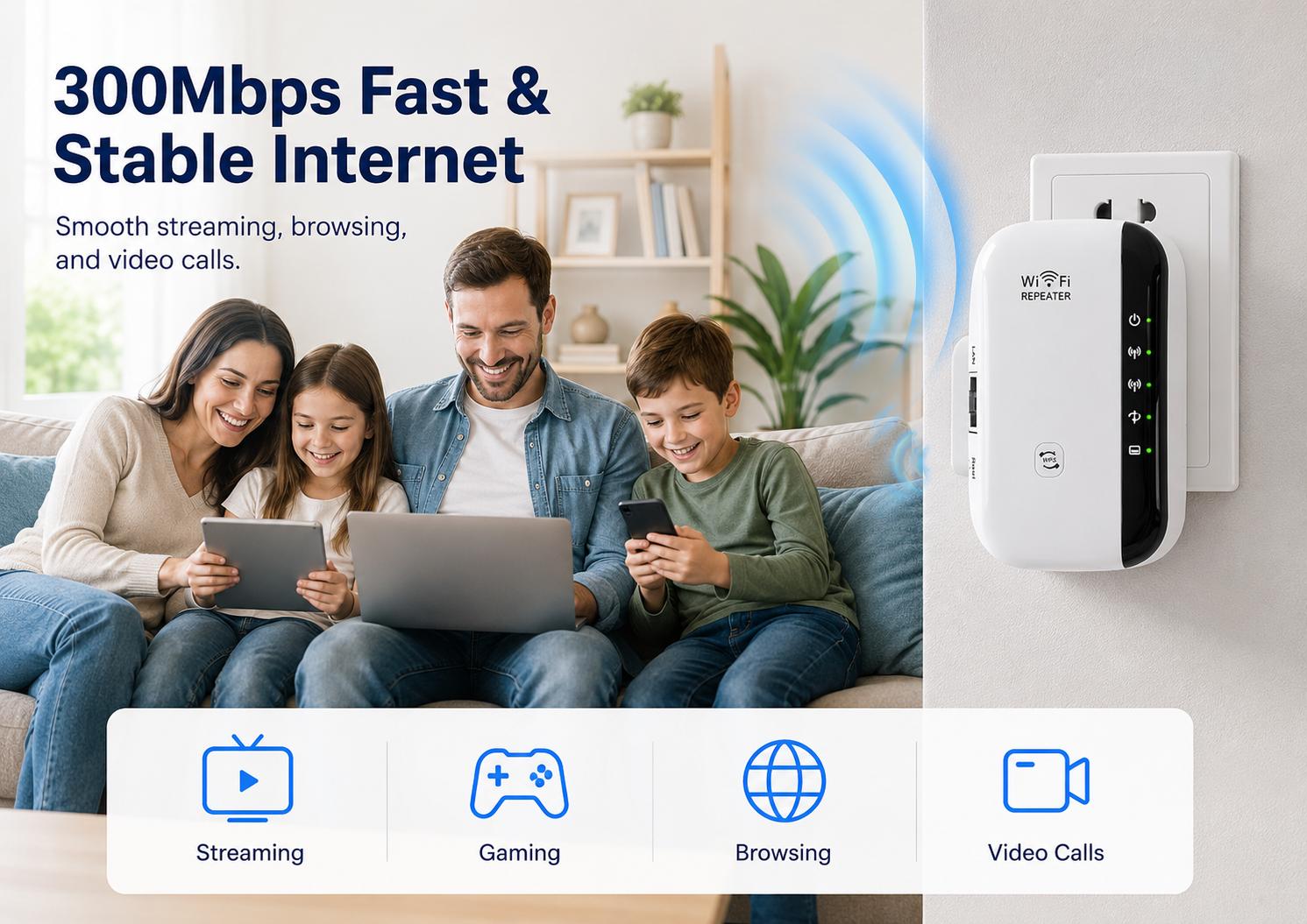 WiFi Extender Signal Booster 300mbps, WiFi Range Extender, Wireless Internet Repeater, Long Range Amplifier with Ethernet Port, Access Point, 1-Key Setup, Alexa Compatible