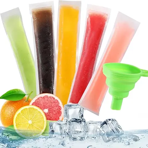 Kids' Disposable Homemade Popsicle Molds - 50-Pack Value 50 Bags to Freeze Ice Candy Bags, Tear-Open Freezer Tubes, Silicone Funnel, High Quality Material for Healthy Snacks, Camping Trips