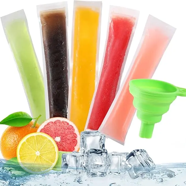 Kids' Disposable Homemade Popsicle Molds - 50-Pack Value 50 Bags to Freeze Ice Candy Bags, Tear-Open Freezer Tubes, Silicone Funnel, High Quality Material for Healthy Snacks, Camping Trips