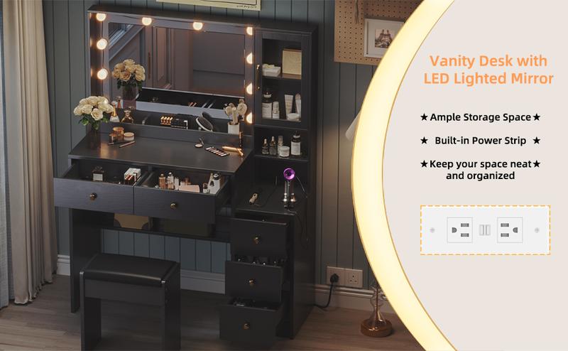 TOKSOM Vanity Desk with Mirror and Replaceable Lamp with 5 Storage Drawers Power Outlet & Chair with RGB Ambient Light Adjustable Brightness for Girls Bedroom Large Corner Desk Vanity Makeup Vanity Desk White Black Valentine's Day Gifts for Women Girls2/3