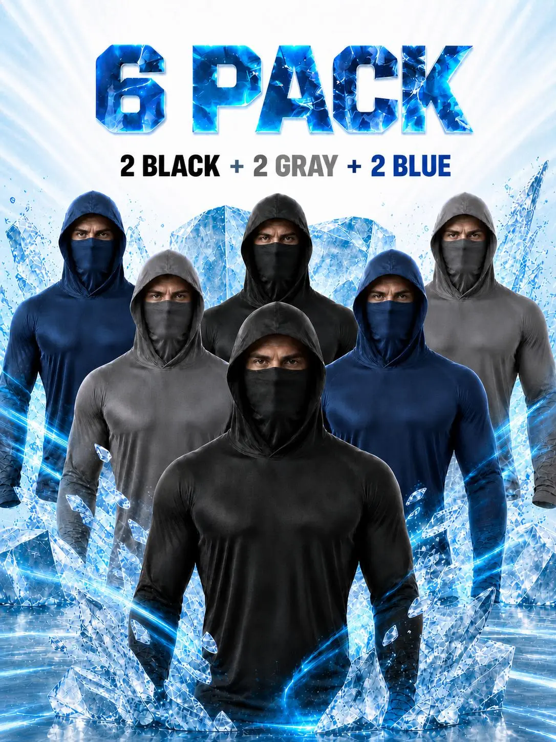 Men's 6-Pack Lightweight Sun Protection Work Hoodies - Long-Sleeve Breathable Activewear Shirts with Built-In Face Cover for Hot Weather Outdoor Jobs