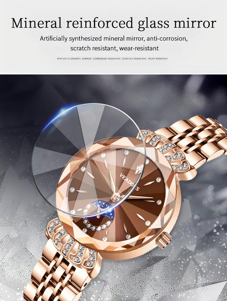 VEADONS Luxury Women's Jewelry Watch Diamond Cut Crystal Stainless Steel Case Water Resistant Moon Star Sun Design Elegant Wristwatch Perfect Gift for Her