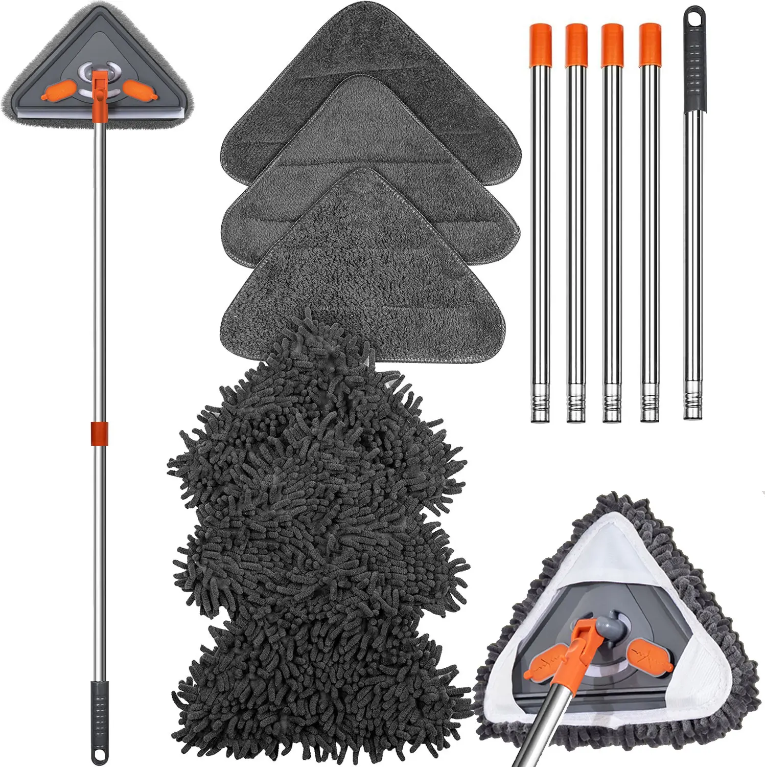 Long Handle Wall Cleaner Adjustable Length Wall Mop 360° Spinning Head Floor Wall Washing Cleaning Tool for Walls Ceiling Fans Floors Baseboards Dust Kitchen General Purpose, 6 Replacement Pads and 1 Silicone Squeegee